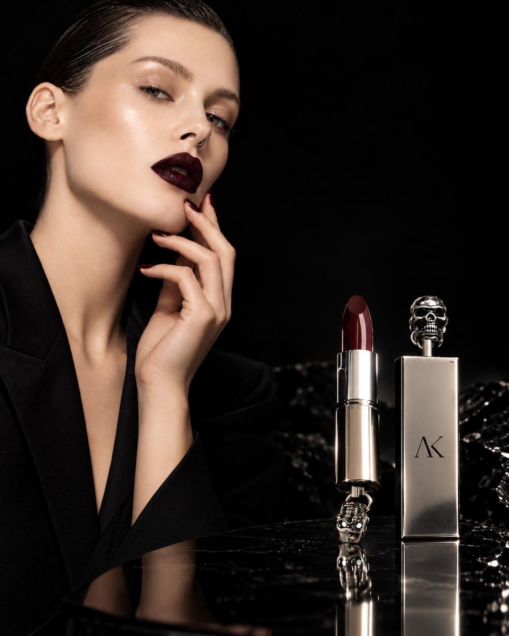 Modella con rossetto bordeaux scuro Gothic Lipstick AKSIMONEBELLI e packaging argentato